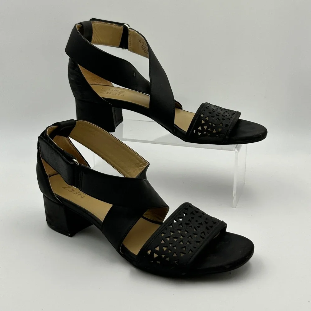 Naturalizer Adaline 2 Sandals Women 7M Black Laser Cut Block Heel Strappy Chic